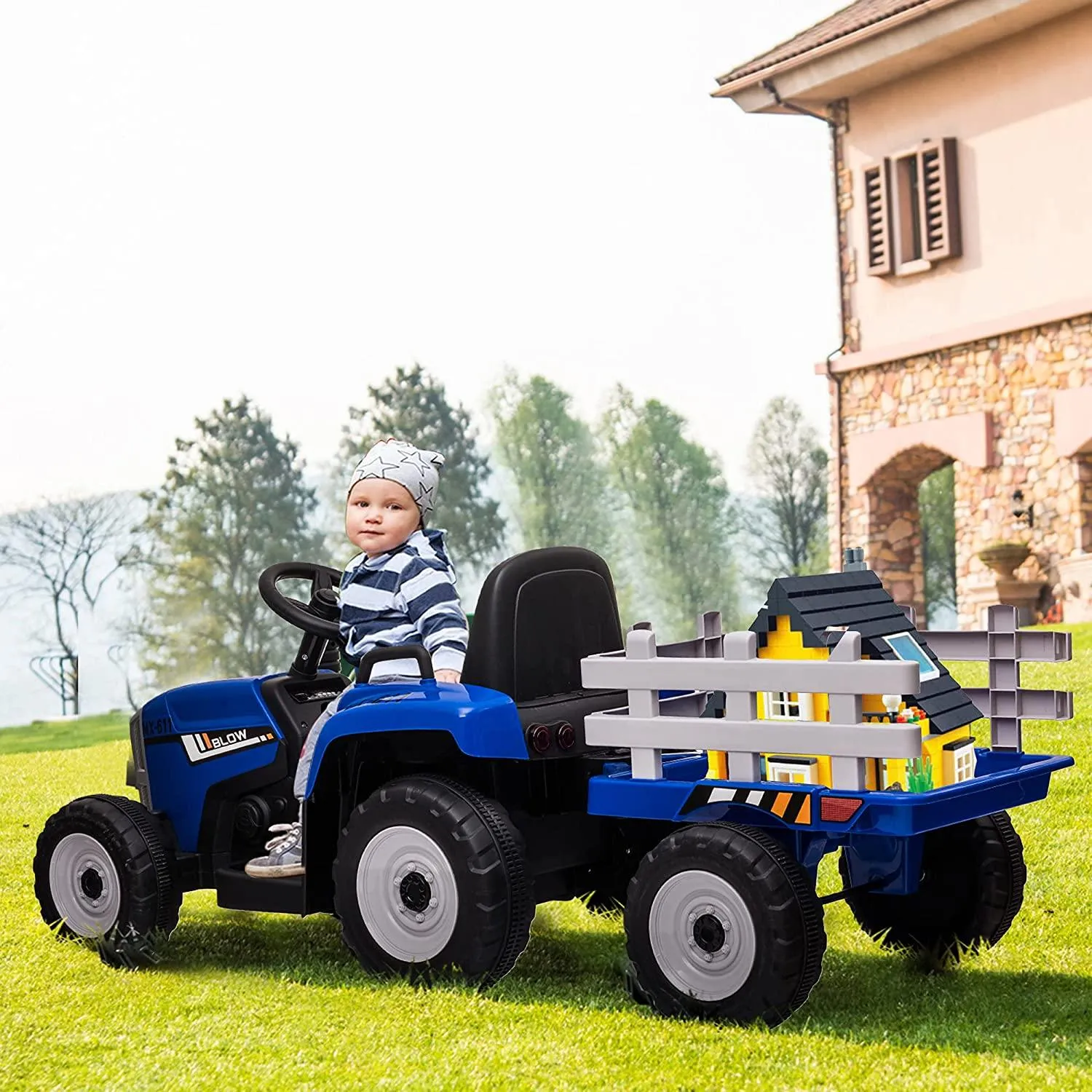 12V Kids Electric Tractor Battery Powered Ride on Toy with Detachable Large Trailer for Age 3 , Blue