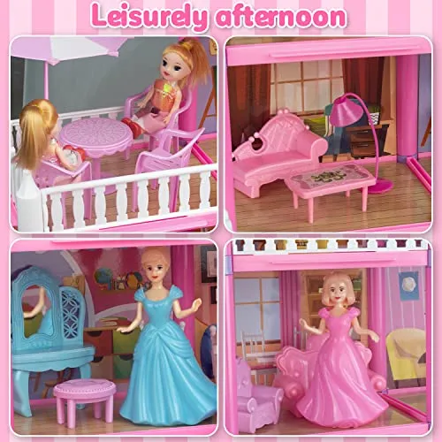 (13 Rooms) 292 PCS Dollhouse Building Playset, Pink Princess Castle Playhouse with Dolls, Furniture, Accessories, Pretend Play Dreamhouse Toys for 3 4 5 6 7 8 9 10 Years Old Girls Kids Toddlers Gifts