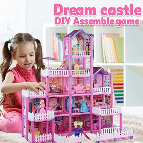 (13 Rooms) 292 PCS Dollhouse Building Playset, Pink Princess Castle Playhouse with Dolls, Furniture, Accessories, Pretend Play Dreamhouse Toys for 3 4 5 6 7 8 9 10 Years Old Girls Kids Toddlers Gifts