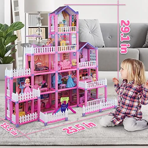 (13 Rooms) 292 PCS Dollhouse Building Playset, Pink Princess Castle Playhouse with Dolls, Furniture, Accessories, Pretend Play Dreamhouse Toys for 3 4 5 6 7 8 9 10 Years Old Girls Kids Toddlers Gifts