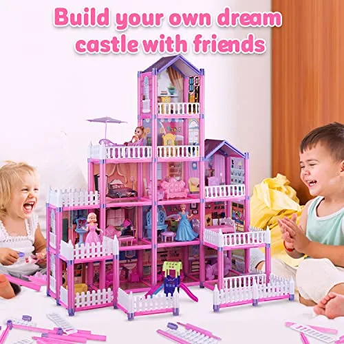 (13 Rooms) 292 PCS Dollhouse Building Playset, Pink Princess Castle Playhouse with Dolls, Furniture, Accessories, Pretend Play Dreamhouse Toys for 3 4 5 6 7 8 9 10 Years Old Girls Kids Toddlers Gifts