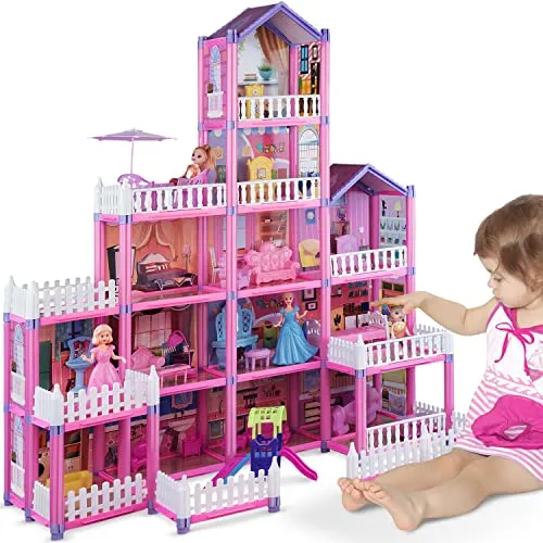 (13 Rooms) 292 PCS Dollhouse Building Playset, Pink Princess Castle Playhouse with Dolls, Furniture, Accessories, Pretend Play Dreamhouse Toys for 3 4 5 6 7 8 9 10 Years Old Girls Kids Toddlers Gifts