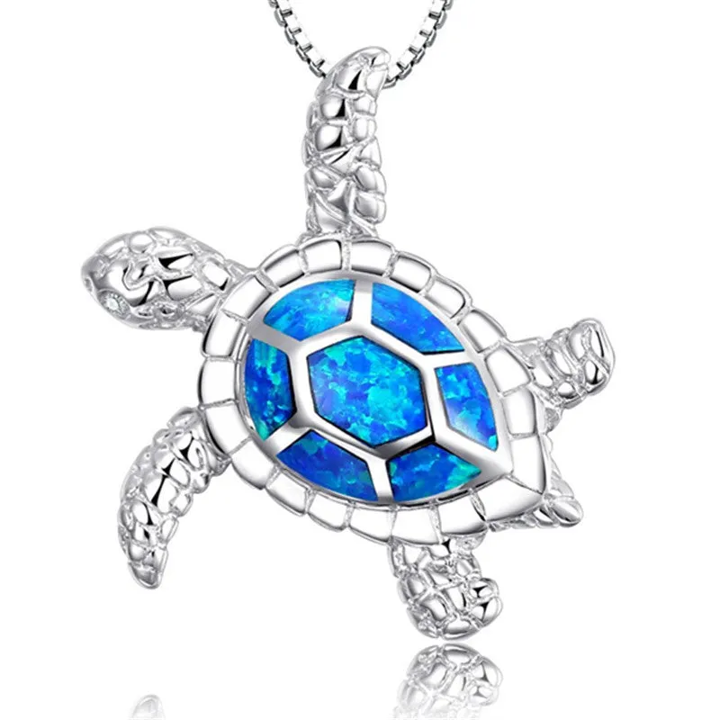 14K White Gold Plated Deep Blue Sea Turtle Animal Frog Crab Cat Heart Opal Blue Enamel Cz Pendant Necklace for Woman Special Occasion Birthdays Holidays