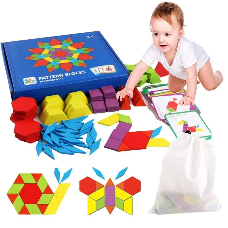 155 pcs 3d Wooden jigsaw puzzle Early childhood education Geometric Tangram wooden game toys for Children Learning