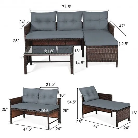 3 Piece Patio Wicker Rattan Sofa Set-Gray