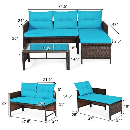 3 Piece Patio Wicker Rattan Sofa Set-Turquoise