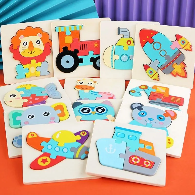 3D Puzzle Wooden Toys for Children Cartoon Animal Vehicle Wood Jigsaw Kids Baby Early Educational Learning Puzzles Wood Toys