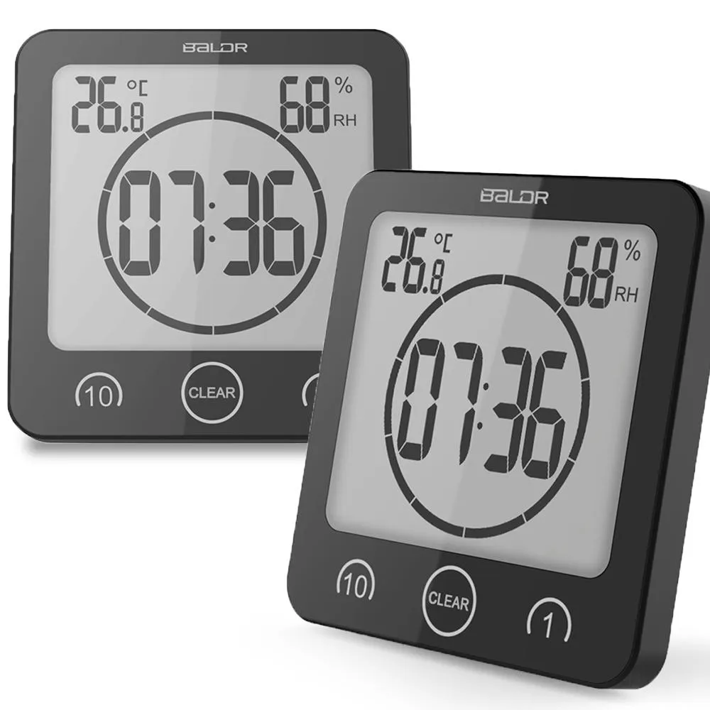 BALDR Waterproof Shower Clock w/ Timer (2 Packs) - Bathroom Clock Displays Time, Temperature & Indoor Humidity