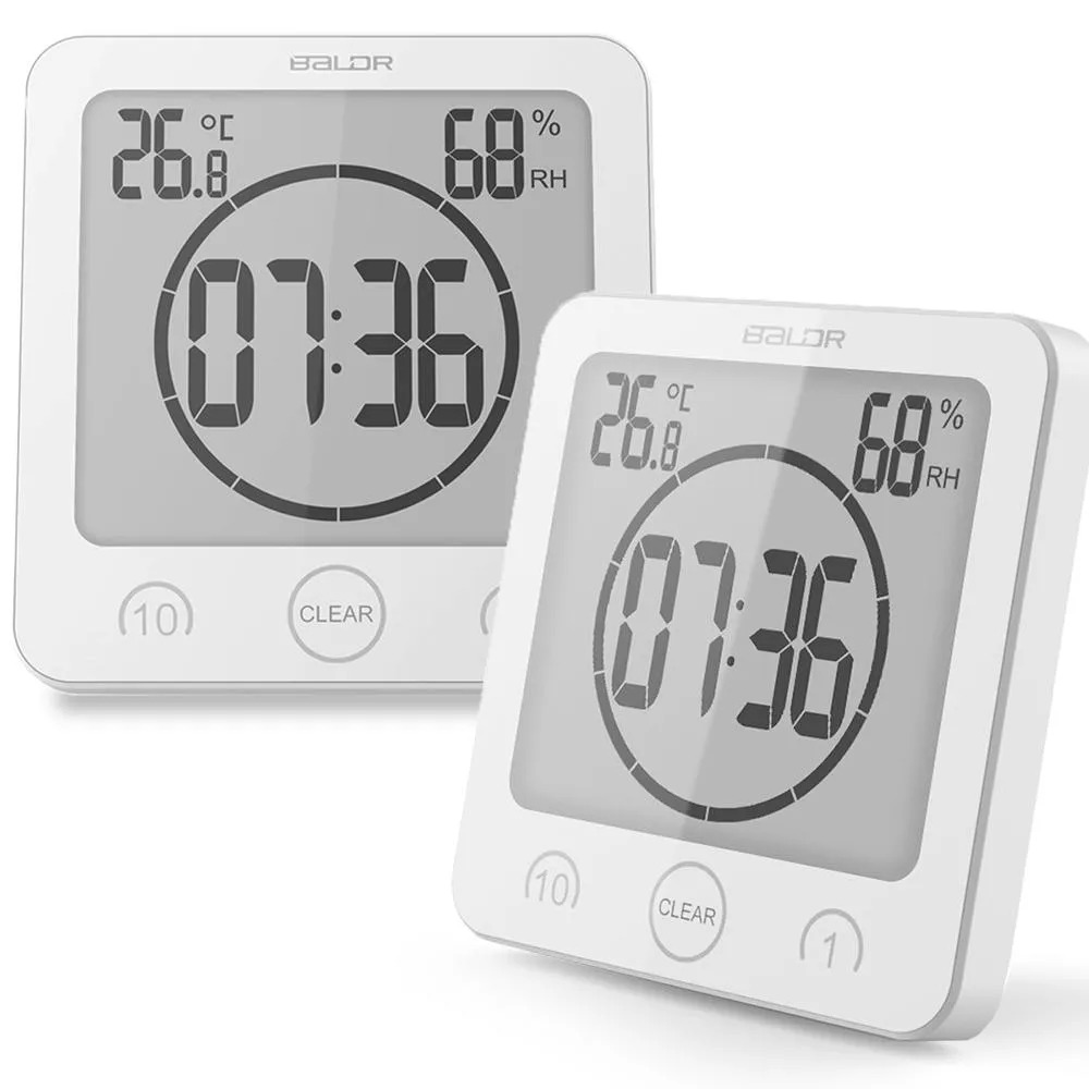 BALDR Waterproof Shower Clock w/ Timer (2 Packs) - Bathroom Clock Displays Time, Temperature & Indoor Humidity