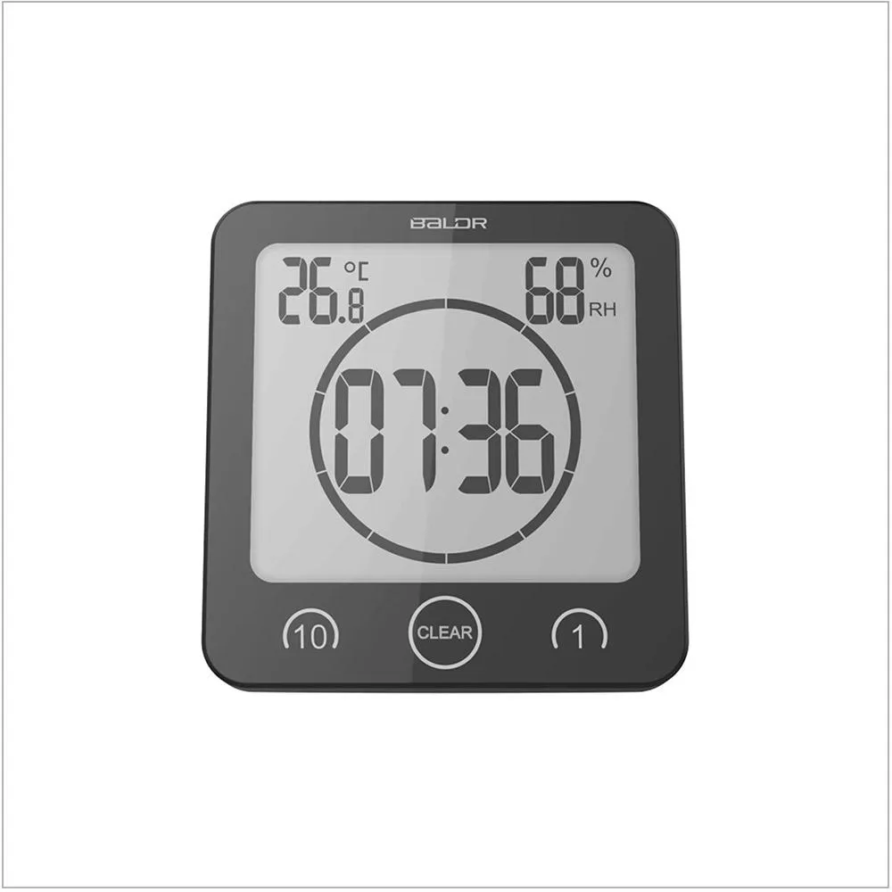 BALDR Waterproof Shower Clock w/ Timer (2 Packs) - Bathroom Clock Displays Time, Temperature & Indoor Humidity