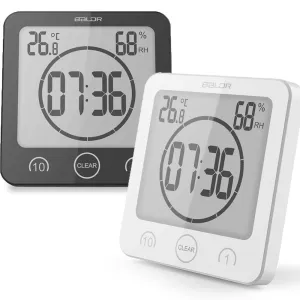 BALDR Waterproof Shower Clock w/ Timer (2 Packs) - Bathroom Clock Displays Time, Temperature & Indoor Humidity