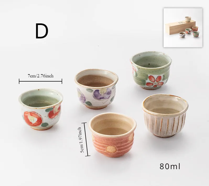 Gohobi Mino Yaki Evening Breeze Teacup Set - 5-Piece Simple Ceramic Cups with Wooden Box