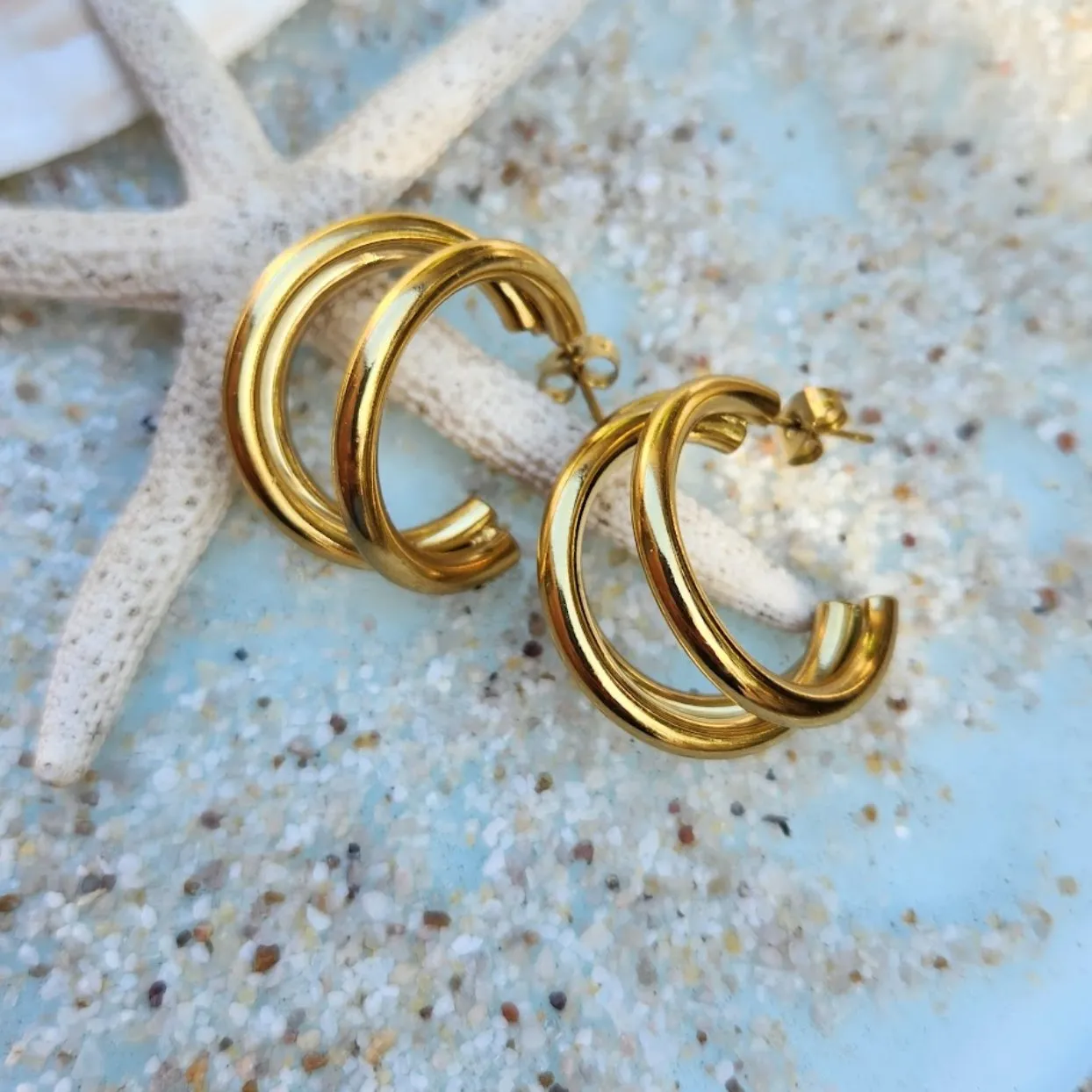 GOLD HOOPS -  18K GOLD WATERPROOF STUD EARRINGS