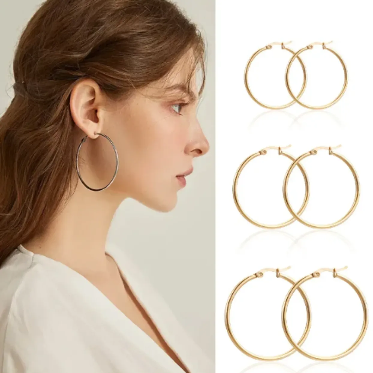 GOLD / SILVER WATERPROOF HOOP EARRINGS 30/40/50/60/70 mm