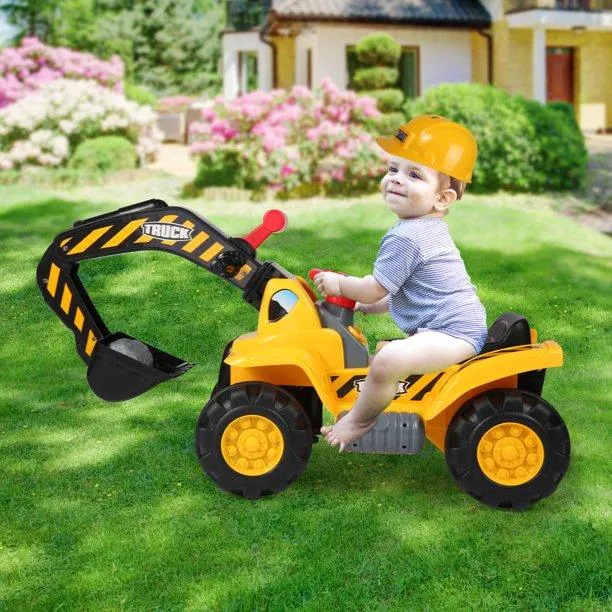 Kids Ride On Excavator Toy with Simulated Sounds Boys Pretend Play Construction Truck Digger Tractor with Steering Wheel, Helmet, Rocks