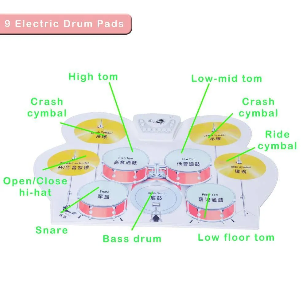 Portable Electronic Drum Set Roll Up 9 Pads 2 Pedals Headphone Jack Kids