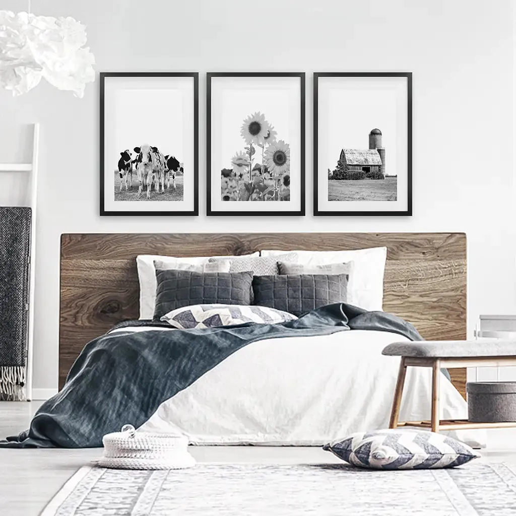 Rustic Black White Wall Art Set. Cows, Sunflowers, Old Barn