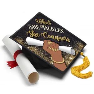 What She Tackles - Black Queen - Grad Cap Tassel Topper