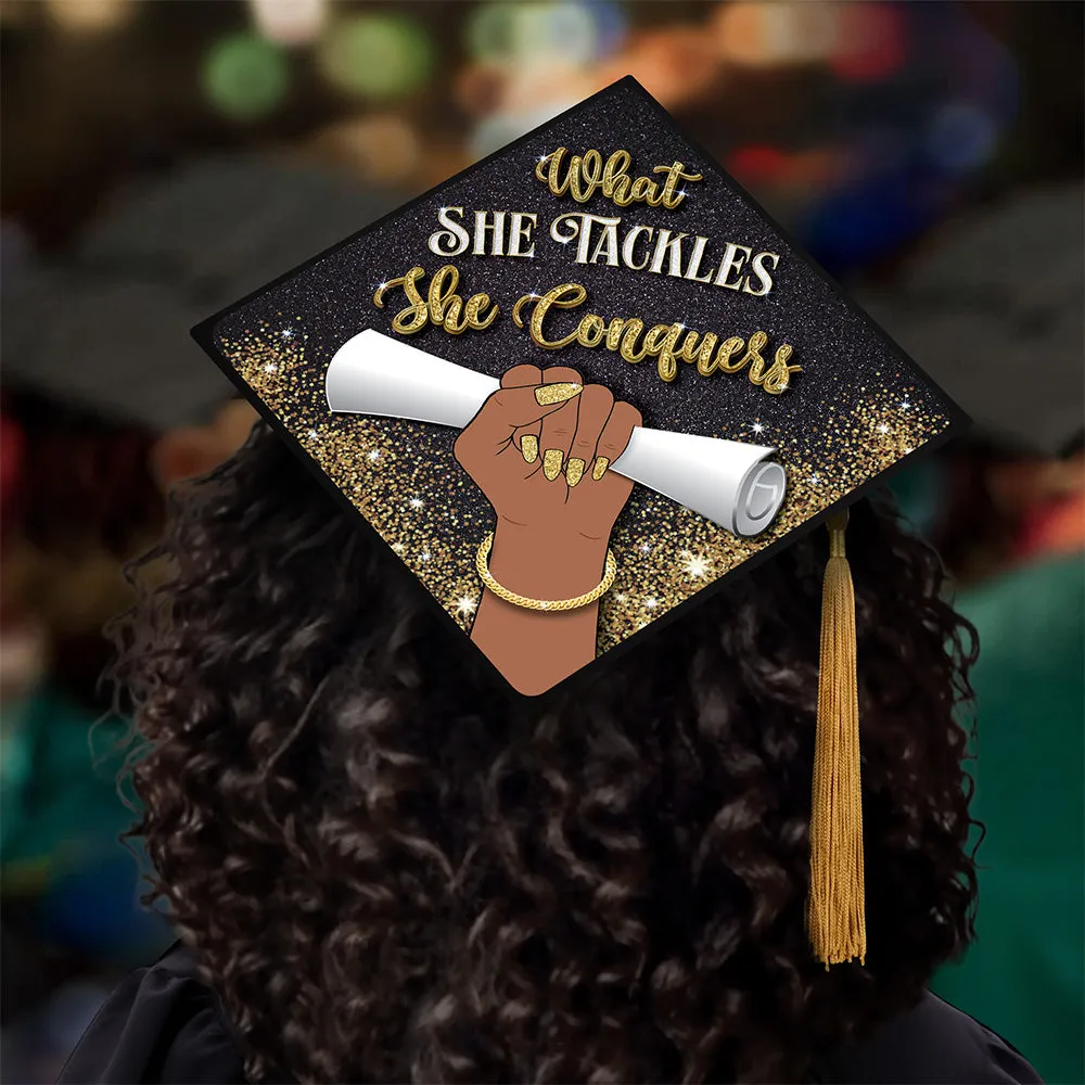 What She Tackles - Black Queen - Grad Cap Tassel Topper