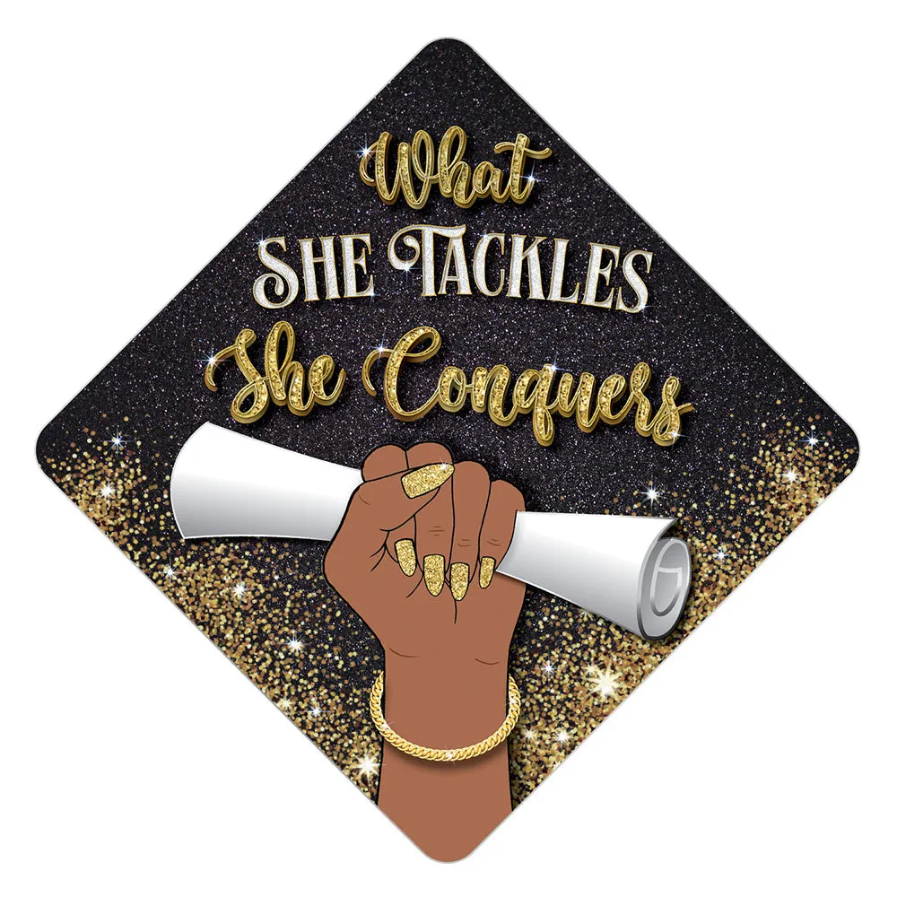 What She Tackles - Black Queen - Grad Cap Tassel Topper